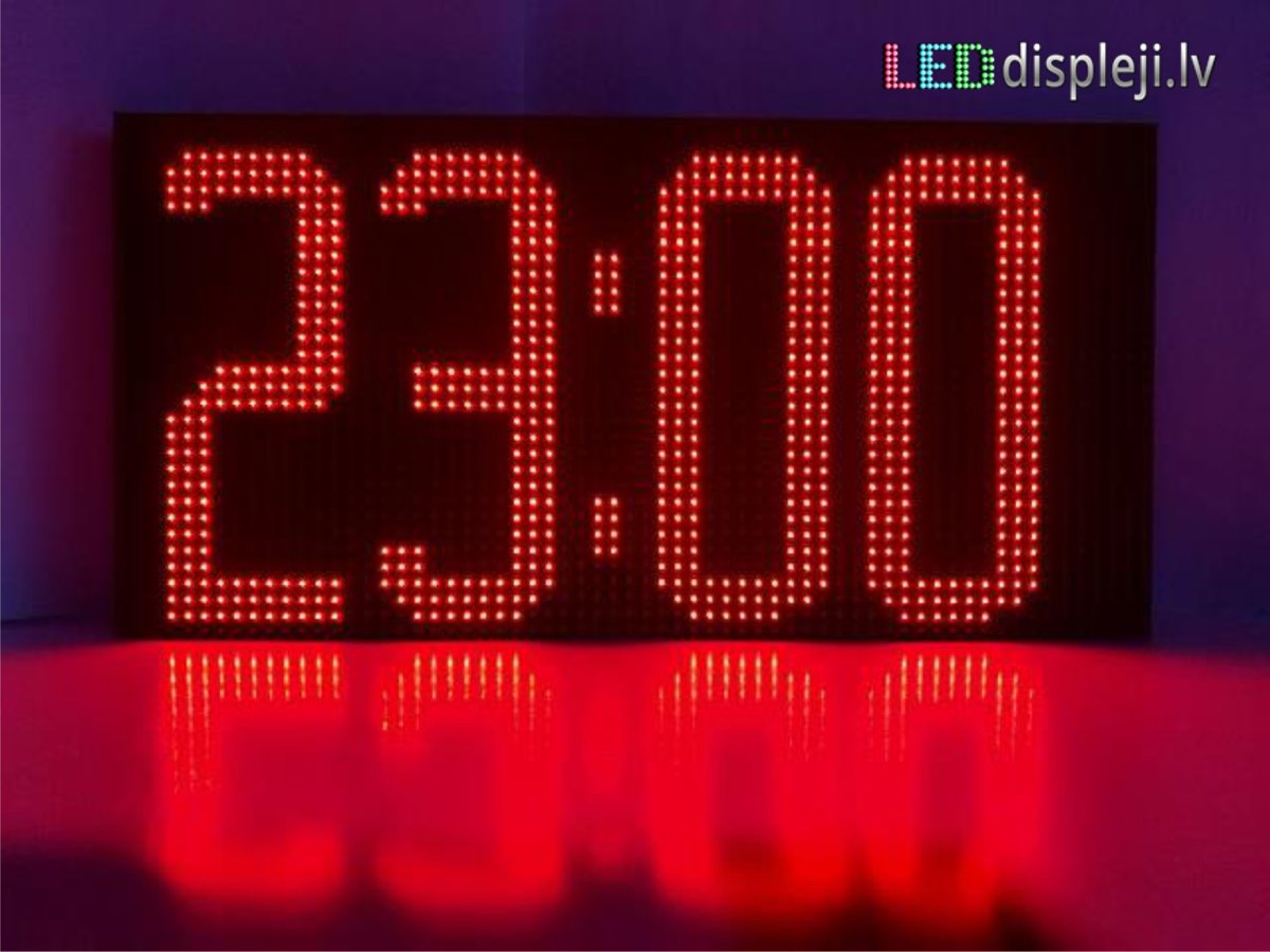 LED watches and thermometers with corporate logos and company slogans, 700mm x 690mm, 640mm x 320mm, red - LEDdispleji.lv