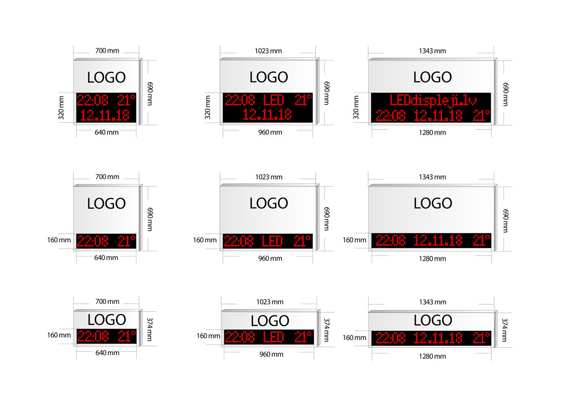 LED watches and thermometers with corporate logos and company slogans, 1343mm x 690mm, 1280mm x 160mm, red - LEDdispleji.lv